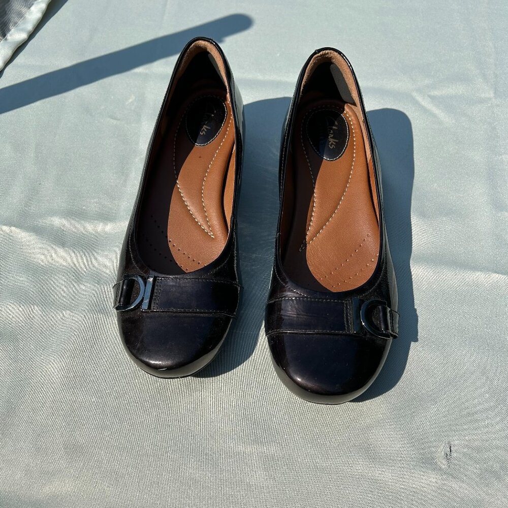 Clarks Artisan Concert Band Black Patent Leather Wedge